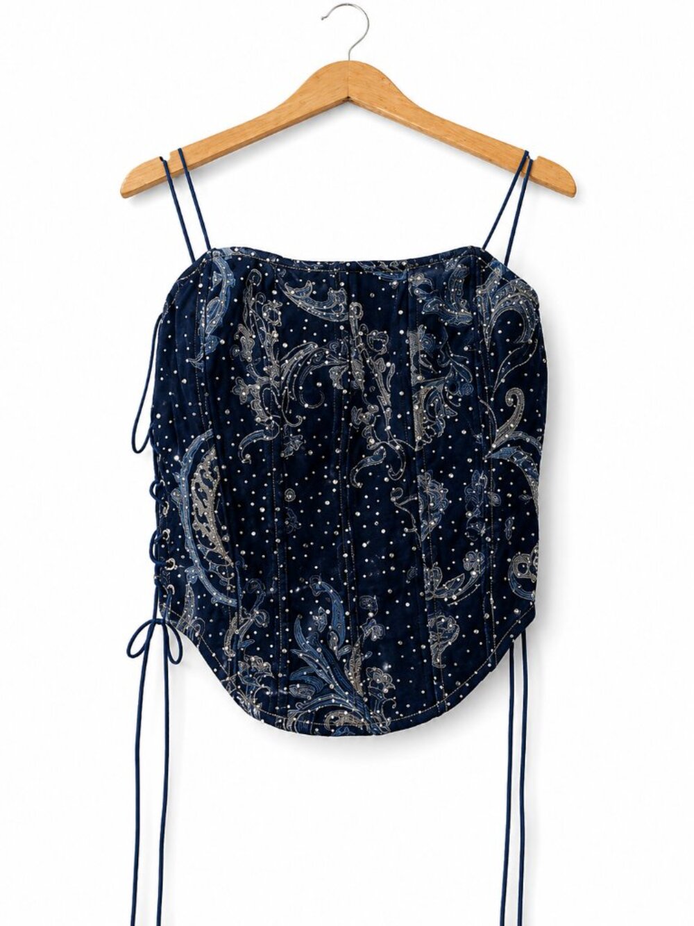 AKIRA Blue Denim Rhinestone Corset Top Small